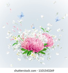 Summer wind - luxurious white vector Hydrangea flower,  Apple blossom, Pink Chrysanthemums with flying petals in watercolor style for 8 March, wedding, Valentine's Day,  Mother's Day, seasonal  sales