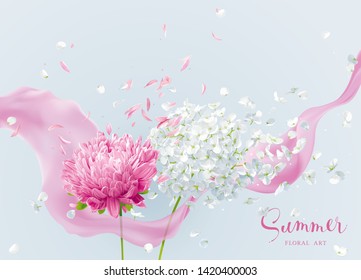 Summer wind - luxurious white vector Hydrangea flower and Apple blossom with flying petals and pink ribbon in watercolor style for 8 March, wedding, Valentine's Day,  Mother's Day, seasonal sales