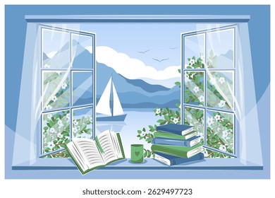 Summer window overlooking the mountains and sailboat and books on the sill. Travel and vacation with a book. Vector illustration for bookstore, library, sale in bookshop.

