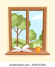 Summer Window. Vector Illustration Of Wood Window View Of Garden With A Book And A Cup Of Coffee On The Windowsill. Spring Landscape With Tree, Bush, Field, Hills. Hygge Concept. Happy Summer Days