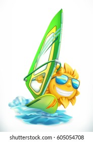 Summer windsurfing. Funny sun on surfboard, 3d vector icon