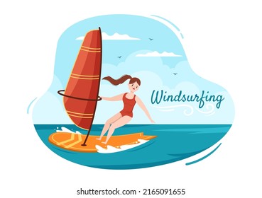 Summer Windsurfing of Water Sport Activities Cartoon Illustration with Rides the Barreled Rushing Waves or Floating on Paddle Board in Flat Style