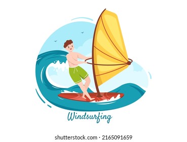 Summer Windsurfing of Water Sport Activities Cartoon Illustration with Rides the Barreled Rushing Waves or Floating on Paddle Board in Flat Style