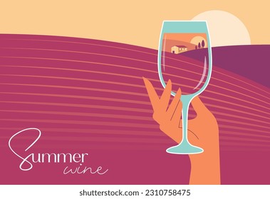 Summer wine concept. Hand holding a glass on purple vineyard landscape background. Vector Illustration.