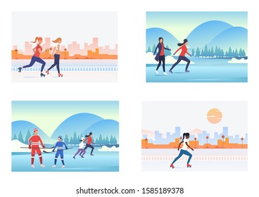 Summer and winter activities set. People roller skating, playing ice hockey. Flat vector illustrations. Hobby, sport, lifestyle concept for banner, website design or landing web page