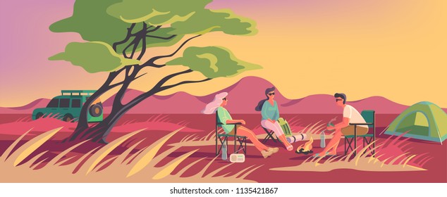 Summer or Winter Camp in a Desert. Landscape with Green Tent, Campfire, Forest, Desert, Man, Women, Mountains, Tree, Grass, Backpack, Bottle, Chair. Camping Adventures, Vacation, and Tourism