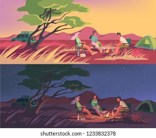 Summer or Winter Camp in a Desert. Landscape with Green Tent, Campfire, Forest, Desert, Man, Women, Mountains, Tree, Grass, Backpack, Bottle, Chair. Camping Adventures, Vacation, and Tourism