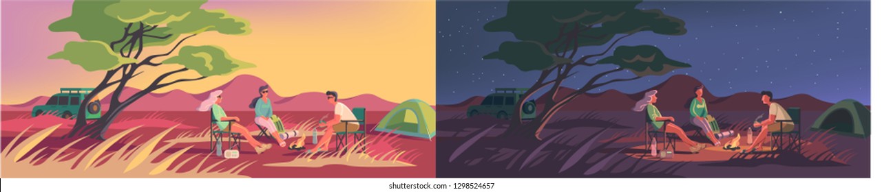 Summer or Winter Camp in a Desert. Landscape with Green Tent, Campfire, Forest, Desert, Man, Women, Mountains, Tree, Grass, Backpack, Bottle, Chair. Camping Adventures, Vacation, and Tourism