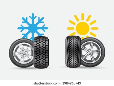 Summer winter car auto tire wheel rim set isolated on gray background. Season transportation tires with snowflake and sun sign symbol