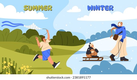 Concepto de verano o invierno. Calor versus clima frío. Joven con cometa en la colina cerca de la madre con su hijo en trineo. Sol o nieve. Estilo de vida activo y ocio al aire libre. Dibujo vectorial plano de dibujos animados