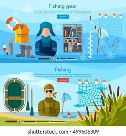 Summer and winter fishing banner, professional fishing, and outdoor recreation tools and elements 