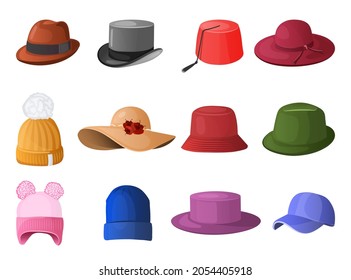 Summer winter hats and headgears. Stylish male and female headwear on white background. Vintage retro classic and modern hats, clothes accessory colorful cartoon vector set of headwear.