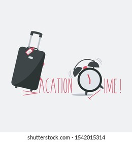 summer or winter holiday simple. relax illustration. vacation time flat design symbol. black luggage, baggage or suitcase cartoon isolated sign tag name. alarm clock rings vector. tourism &Travel icon