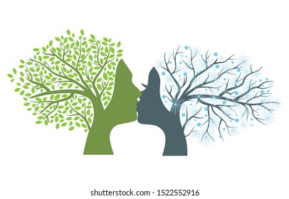 Summer and winter kiss, trees with human faces, vector illustration 