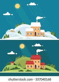 Summer And Winter Landscape. Beautiful House On The Hill Among Trees, Views. Flat Design Style Vector Illustration.