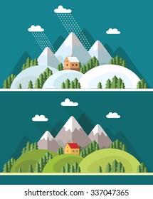 summer and winter landscape. beautiful house on the hill among trees, views. Flat design style vector illustration.