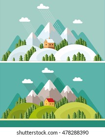 Summer and winter landscape. Flat design style vector illustration.