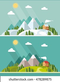 Summer And Winter Landscape. Flat Design Style Vector Illustration.