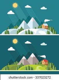 Summer and winter landscape. house on the hill among trees, beautiful views. Flat design style vector illustration.