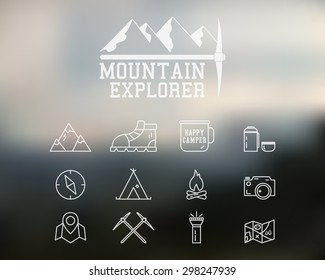 Summer And Winter Mountain Explorer Camp Badge, Logo Template. Travel, Hiking, Climbing Line Icons. Thin And Outline Design. Outdoor. Best For Adventure Sites. On Blurred Background. Vector.