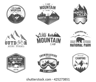 Summer and winter mountain explorer camp badge, logo and label templates set. Travel, hiking, climbing style. Snowboard, ski patches. Bike stamp, campsite sign. For web, tee, print.Vector illustration