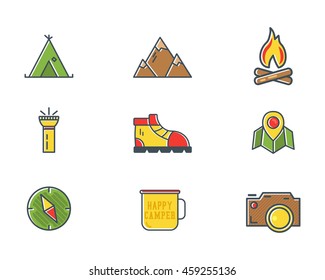 Summer and winter mountain explorer camp icons in flat style. Travel, hiking, climbing pictograms. Bright color design. Best for outdoor adventure sites, tee, t shirt prints etc. Isolated vector