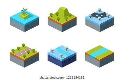 Summer and winter natural landscape set, game platforms, user interface assets for mobile app or video game vector Illustration on a white background