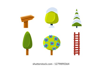 Summer and winter nature landscape elements set, assets for GUI or web design vector Illustration