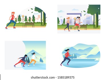 Summer and winter skating set. Girls roller skating, skating on ice. Flat vector illustrations. Hobby, sport, lifestyle concept for banner, website design or landing web page