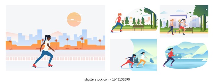 Summer and winter skating set. Girls roller skating, skating on ice. Flat vector illustrations. Hobby, sport, lifestyle concept for banner, website design or landing web page