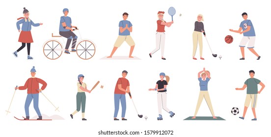 Summer and winter sports flat vector illustrations set. Active leisure, recreation. Male and female athletes, people doing sport cartoon characters bundle isolated on white background.