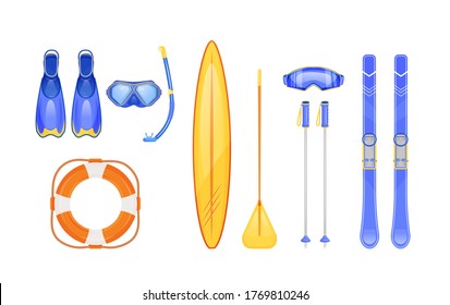 Summer and winter sports gear flat color vector objects set. Scuba diving. Skiing sticks. Life, ring buoy. Seasonal travel equipment. 2D isolated cartoon illustration on white background