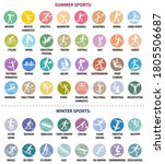 Summer and winter sports icons. Vector isolated pictograms on bright colorful round backgrounds with the names of sports disciplines