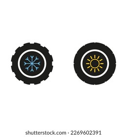 Summer and winter tire icon set. Deep and shallow grooves. Flat vector illustration.