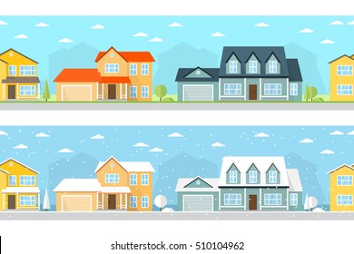 Summer and Winter town landscape. Vector illustration, flat style. For web design and application interface, also useful for infographics. Seamless Neighborhood with homes.