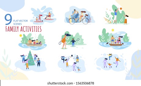 Summer, Winter Vacation Family Activities Trendy Vector Isolated Scenes Set. Parents with Kids Paddle Boarding, Riding Bicycle, Fishing on Boat, Playing Games, Ice-Skating Around Snowman Illustration