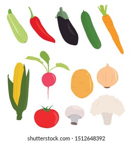 Summer and winter vegetables set with carrot, eggplant, mushroom, corn, pepper, potato, cauliflower.