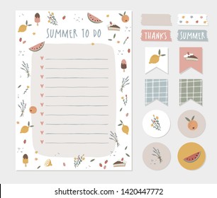 Summer wish, to do list, colorful scrapbooking stickers, labels, tapes and gift tags. Cute stationery, planner template set. Trendy holiday concept. elements. Isolated vector objects, graphic elements