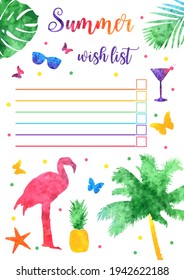 Summer Wish list, to do list. watercolor rainbow flamingo bird, palm leaves, vector illustration