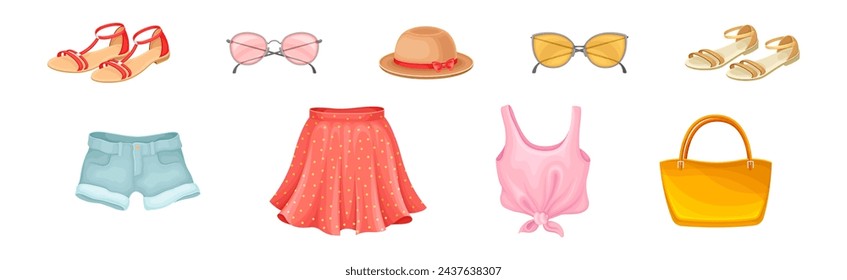 Summer Woman Apparel and Fashionable Clothes with Shorts, Skirt, Handbag and Sandal Vector Set