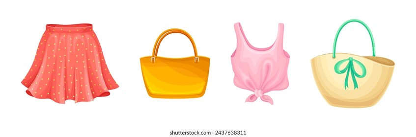 Summer Woman Apparel and Fashionable Clothes with Skirt, Tank Top and Handbag Vector Set