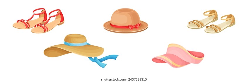 Summer Woman Apparel and Fashionable Clothes with Sandal Pair and Hat Vector Set