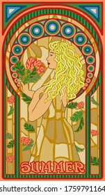 Summer Woman In Art Nouveau Style, Vector Illustration	