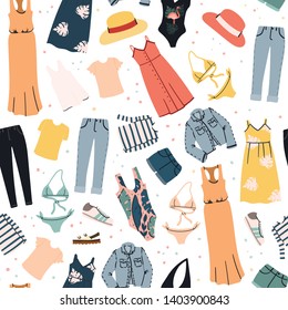 Summer woman clothes seamless pattern. Hand drawn cartoon flat background. Stock vector