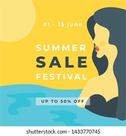 Summer woman collection with sunset, sun, beach, sea, ocean elements. Big sale poster offer. Sale banner template design. Special offer design web banner, poster, flyer, brochure. Vector illustration.