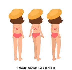 Summer woman constructor. Young girl in swimsuit back view. Kit for creating cartoons. Pack of character in various angles. Traveler and tourist. Flat vector collection isolated on white background