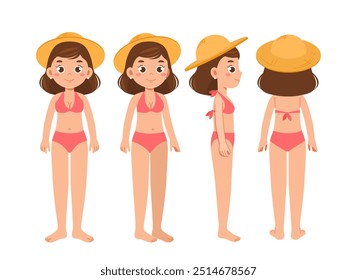 Summer woman constructor. Young girl in swimsuit. Kit for creating animations. Pack of character in various angles. Holiday and vacation. Flat vector collection isolated on white background