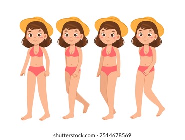 Summer woman constructor. Young girl in swimsuit in summertime. Kit for customization. Pack of character in various angles. Traveler and tourist. Flat vector collection isolated on white background