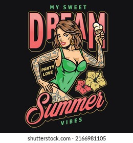 Summer woman flyer vintage colorful in swimsuit wishes sweet weekend and loves beach parties on tropical islands vector illustration