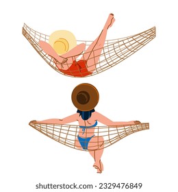 summer woman hammock beach  vector.  vacation resort, person leisure, beautiful outdoor summer woman hammock beach character. people flat cartoon illustration